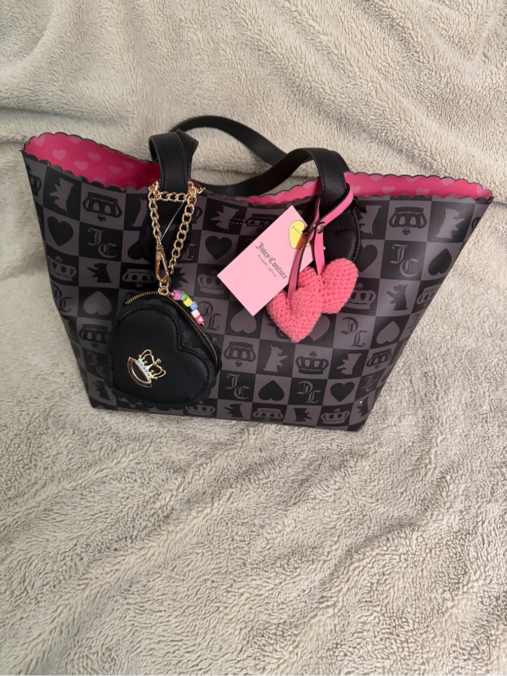 Juicy Couture Black Tote with Pink Trim & Heart Charms